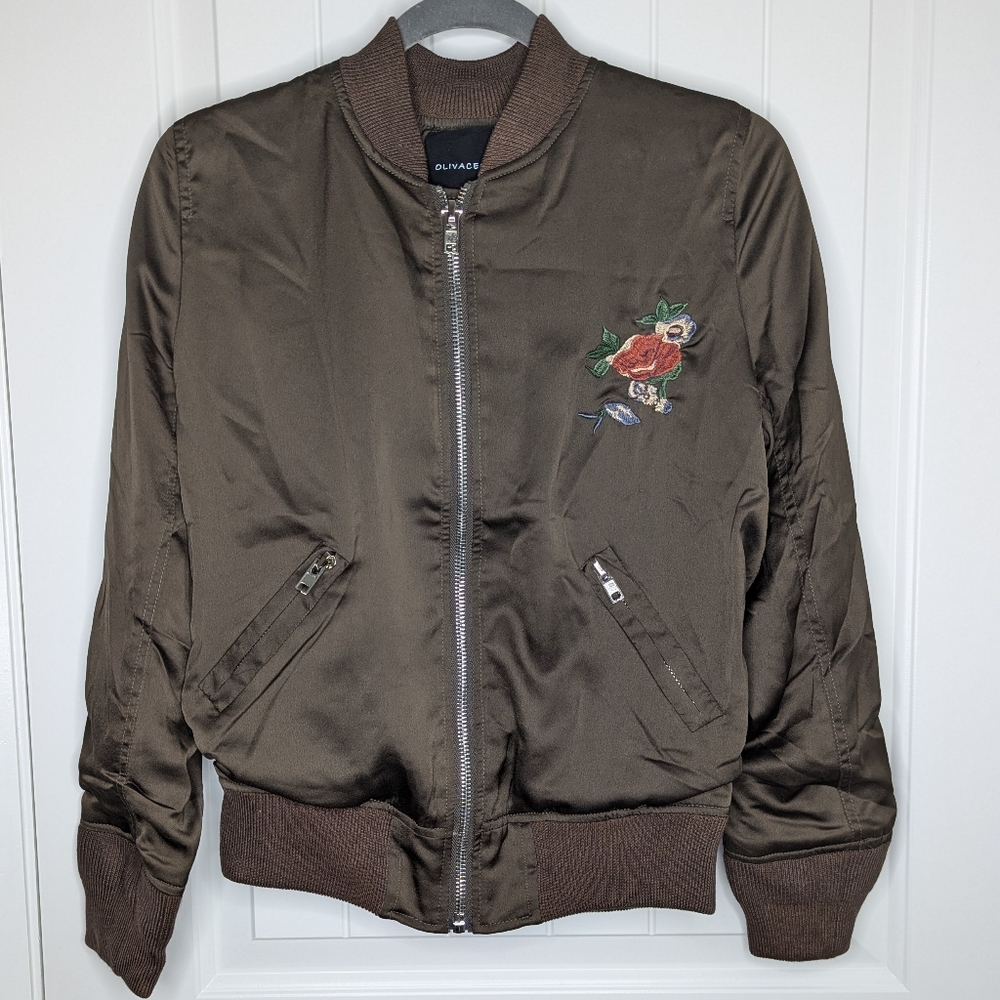 NWOT Olivaceous bomber jacket green with embroidered flowers